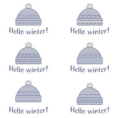 Yumuşak vintage renklerde kış kap illüstrasyonlar. Dağlar ve çam görüntü ile Mittens logo şablonlar. Beyaz arka plan üzerinde izole vektör çizimler.