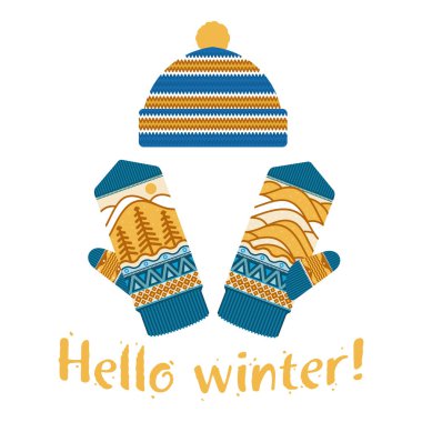 Mittens kış ve illüstrasyonlar yumuşak vintage renklerde kap. Dağlar ve çam görüntü ile Mittens logo şablonlar. Beyaz arka plan üzerinde izole vektör çizimler.