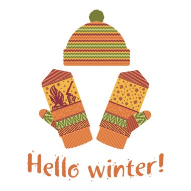 Mittens kış ve illüstrasyonlar yumuşak vintage renklerde kap. Dağlar ve çam görüntü ile Mittens logo şablonlar. Beyaz arka plan üzerinde izole vektör çizimler.