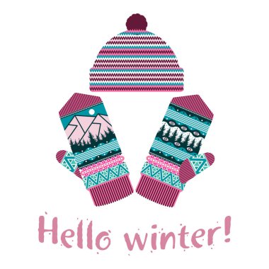 Mittens kış ve illüstrasyonlar yumuşak vintage renklerde kap. Dağlar ve çam görüntü ile Mittens logo şablonlar. Beyaz arka plan üzerinde izole vektör çizimler.