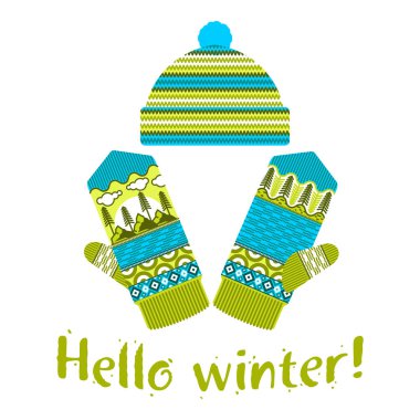 Mittens kış ve illüstrasyonlar yumuşak vintage renklerde kap. Dağlar ve çam görüntü ile Mittens logo şablonlar. Beyaz arka plan üzerinde izole vektör çizimler.