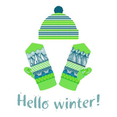 Mittens kış ve illüstrasyonlar yumuşak vintage renklerde kap. Dağlar ve çam görüntü ile Mittens logo şablonlar. Beyaz arka plan üzerinde izole vektör çizimler.