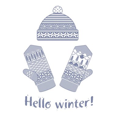 Mittens kış ve illüstrasyonlar yumuşak vintage renklerde kap. Dağlar ve çam görüntü ile Mittens logo şablonlar. Beyaz arka plan üzerinde izole vektör çizimler.