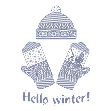 Mittens kış ve illüstrasyonlar yumuşak vintage renklerde kap. Dağlar ve çam görüntü ile Mittens logo şablonlar. Beyaz arka plan üzerinde izole vektör çizimler.