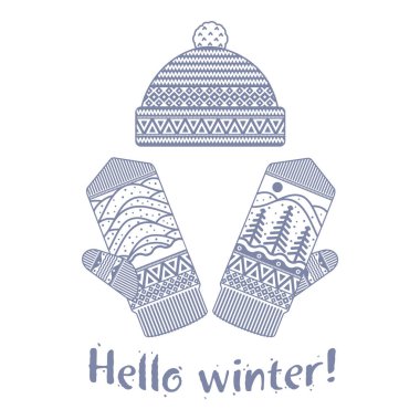 Mittens kış ve illüstrasyonlar yumuşak vintage renklerde kap. Dağlar ve çam görüntü ile Mittens logo şablonlar. Beyaz arka plan üzerinde izole vektör çizimler.