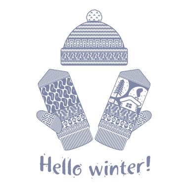 Mittens kış ve illüstrasyonlar yumuşak vintage renklerde kap. Dağlar ve çam görüntü ile Mittens logo şablonlar. Beyaz arka plan üzerinde izole vektör çizimler.