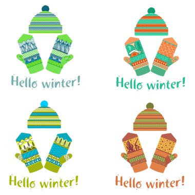 Mittens kış ve illüstrasyonlar yumuşak vintage renklerde kap. Dağlar ve çam görüntü ile Mittens logo şablonlar. Beyaz arka plan üzerinde izole vektör çizimler.