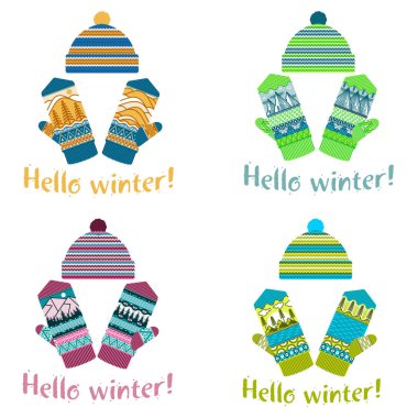 Mittens kış ve illüstrasyonlar yumuşak vintage renklerde kap. Dağlar ve çam görüntü ile Mittens logo şablonlar. Beyaz arka plan üzerinde izole vektör çizimler.