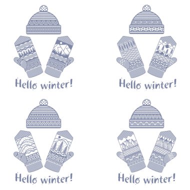 Mittens kış ve illüstrasyonlar yumuşak vintage renklerde kap. Dağlar ve çam görüntü ile Mittens logo şablonlar. Beyaz arka plan üzerinde izole vektör çizimler.