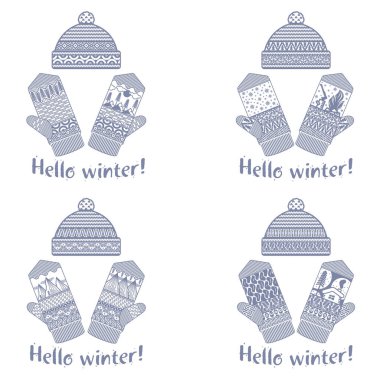 Mittens kış ve illüstrasyonlar yumuşak vintage renklerde kap. Dağlar ve çam görüntü ile Mittens logo şablonlar. Beyaz arka plan üzerinde izole vektör çizimler.