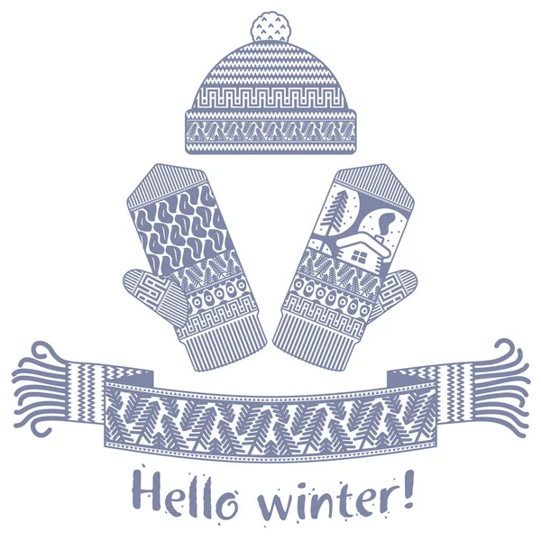 Bufanda Invierno Punto Cálido Mitón Con Inscripción Hello Winter Ilustración — Vector de stock