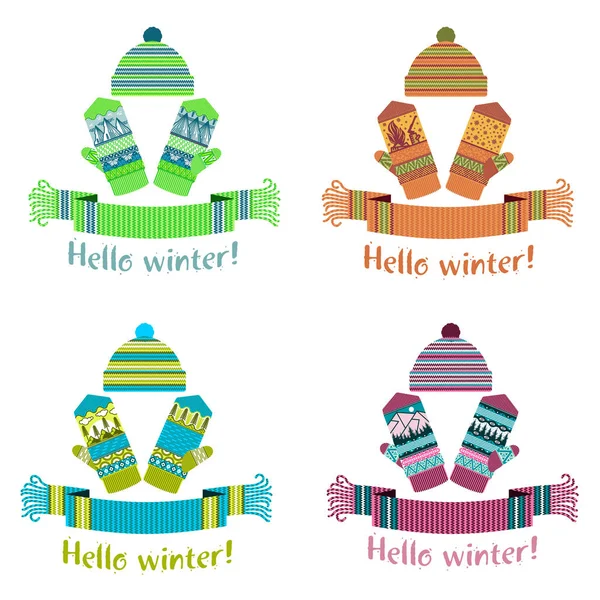 Örme kış eşarp ve mitten Merhaba kış yazıt ile sıcak. Vektör düz çizim. Web afiş, reklam, broşür, iş şablonları. Beyaz bir arka plan üzerinde izole.