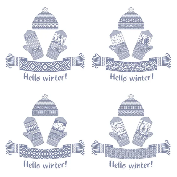 Bufanda Invierno Punto Cálido Mitón Con Inscripción Hello Winter Ilustración — Vector de stock