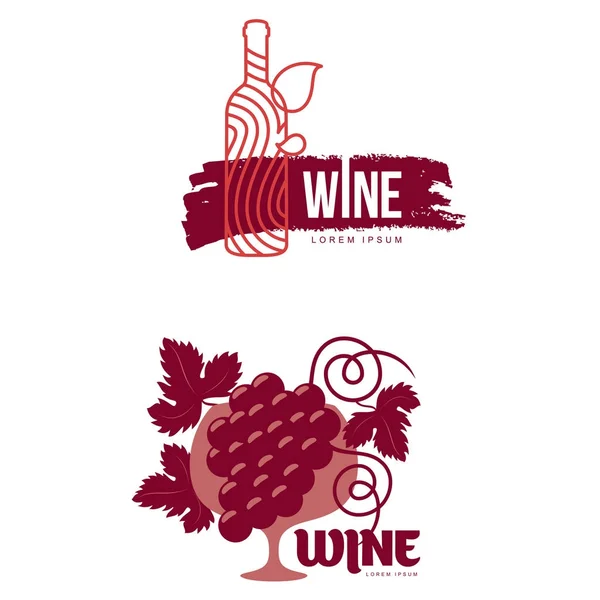 Шаблоны Логотипа Вина Вашего Дизайна Бутылка Стакан Куча Винограда Значки — стоковый вектор