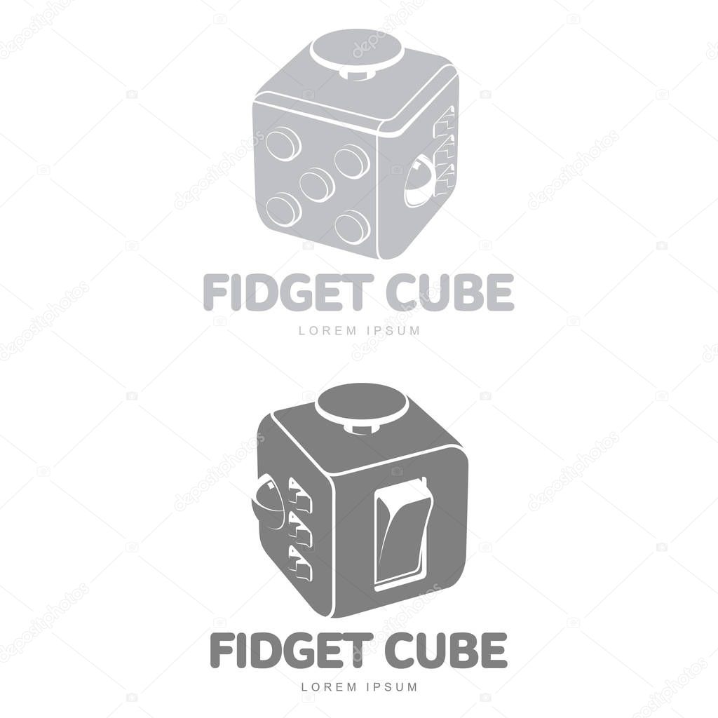 Fidget cube vector illustration. Fidget cube tricks. Badges, labels, banners, advertisements, brochures, business templates. Vector illustration isolated on white background