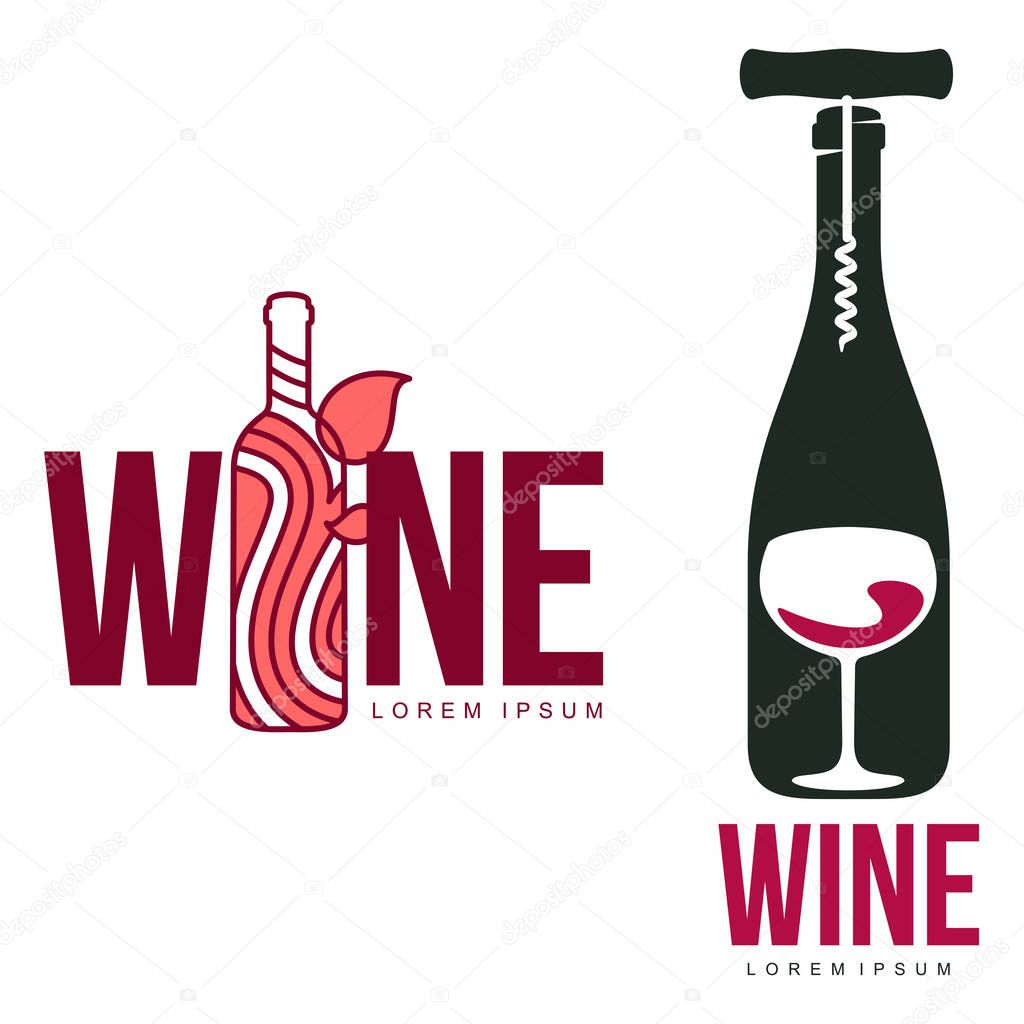 Wine logo templates for your design. Bottle, glass, bunch of grapes. Wine badges, labels. banners, advertisements, brochures, business templates. Vector illustration isolated on white background