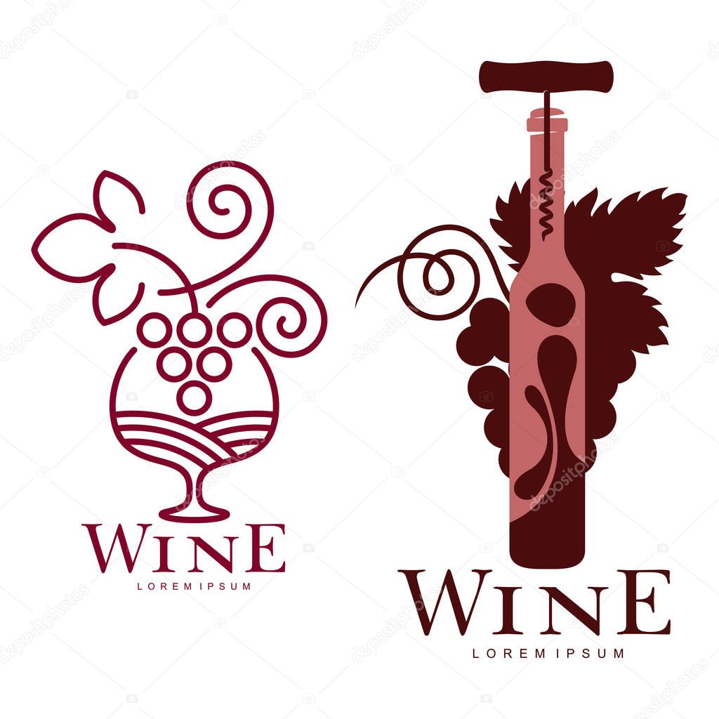Wine logo templates for your design. Bottle, glass, bunch of grapes. Wine badges, labels. banners, advertisements, brochures, business templates. Vector illustration isolated on white background
