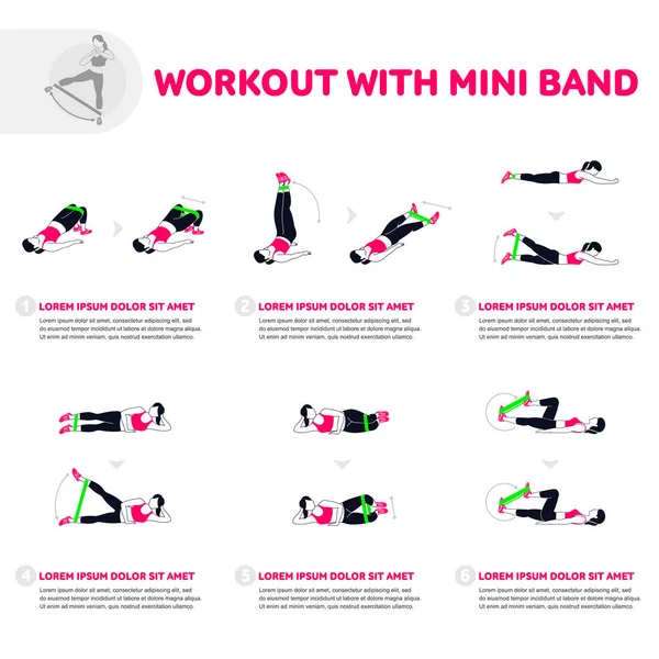 Mini bant ile egzersiz. Fitness, aerobik ve egzersiz spor salonunda egzersiz. Vektör düz stil beyaz arka plan üzerinde izole jimnastik salonu simgeler kümesi. İnsanlar jimnastik salonu. Spor salonu ekipman.