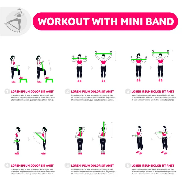 Mini bant ile egzersiz. Fitness, aerobik ve egzersiz spor salonunda egzersiz. Vektör düz stil beyaz arka plan üzerinde izole jimnastik salonu simgeler kümesi. İnsanlar jimnastik salonu. Spor salonu ekipman.