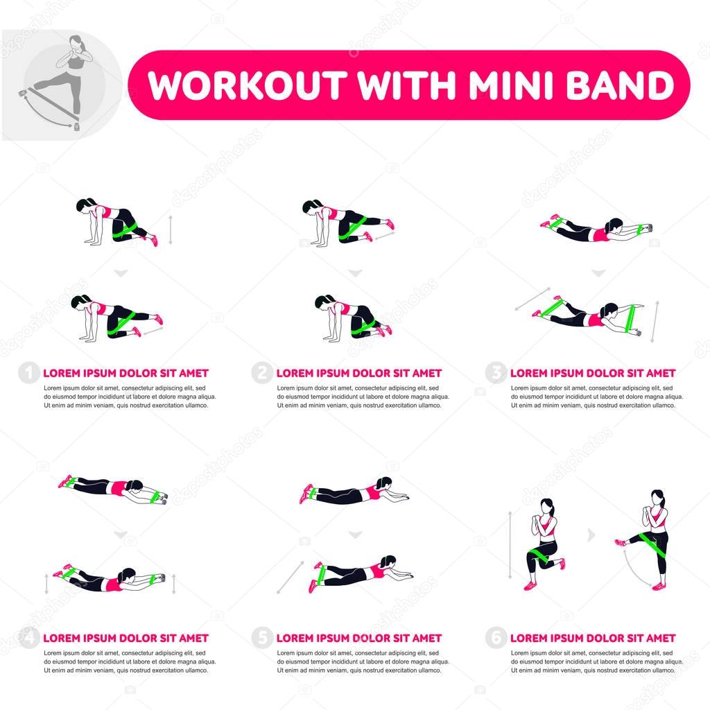 Workout with mini band. Fitness, Aerobic and workout exercise in gym. Vector set of gym icons in flat style isolated on white background. People in gym. Gym equipment.
