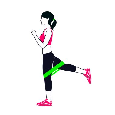 Mini bant ile egzersiz. Fitness, aerobik ve egzersiz spor salonunda egzersiz. Vektör düz stil beyaz arka plan üzerinde izole jimnastik salonu simgeler kümesi. İnsanlar jimnastik salonu. Spor salonu ekipman.