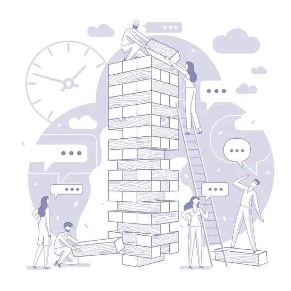 Vector platte illustratie grote toren jenga met groep van jonge ontwikkeling specialisten — Stockvector