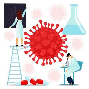 Vektör düz çizim tıp bilimcileri. 2019-NCoV Covid neden oluyor, semptomlar ve yayılıyor. Coronovirus alarmı. Virüs koruma ipuçları. Önleyici bir aşı üzerinde araştırma ve geliştirme.