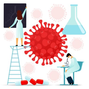 Vektör düz çizim tıp bilimcileri. 2019-NCoV Covid neden oluyor, semptomlar ve yayılıyor. Coronovirus alarmı. Virüs koruma ipuçları. Önleyici bir aşı üzerinde araştırma ve geliştirme.