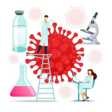 Vektör düz çizim tıp bilimcileri. 2019-NCoV Covid neden oluyor, semptomlar ve yayılıyor. Coronovirus alarmı. Virüs koruma ipuçları. Önleyici bir aşı üzerinde araştırma ve geliştirme.