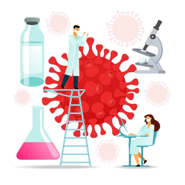向量平面地说明医学科学家 2019 Ncov Covid病因 症状和传播 验尸病毒感染警报病毒保护提示 预防疫苗的研究与开发 — 图库照片