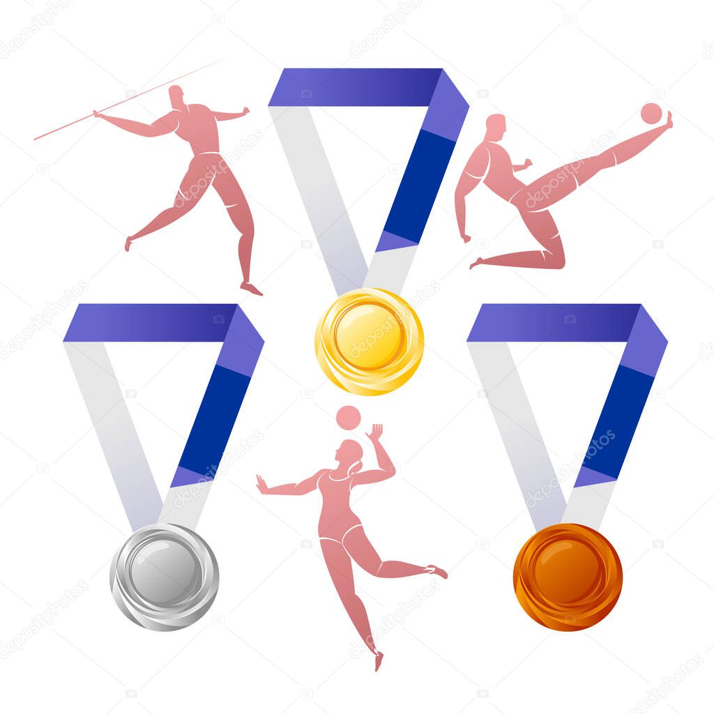 Gold, silver, bronze medals with silhouettes of athletes