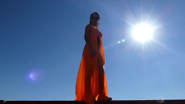 Piękny model stojący w słońcu światła na niebieskim tle. Wieje wiatr i rozwija jej płaszcz. Zwolnionym. — Wideo stockowe
