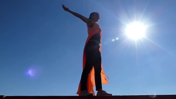 Vacker modell stående i solen lyser på den blå bakgrunden. Vinden blåser och utvecklar hennes mantel. Slow motion. — Stockvideo