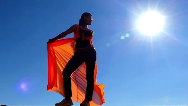 Vacker modell stående i solen lyser på den blå bakgrunden. Vinden blåser och utvecklar hennes mantel. Slow motion. — Stockvideo