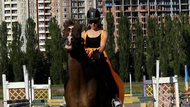 Il cavallo annuisce con la testa al rallentatore. Cavaliere donna seduta a cavallo . — Video Stock