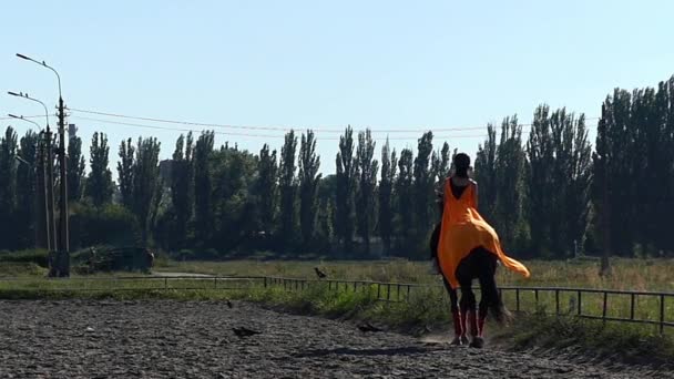 A menina no chapéu de laranja e camuflagem montando um cavalo em câmera lenta . — Vídeo de Stock