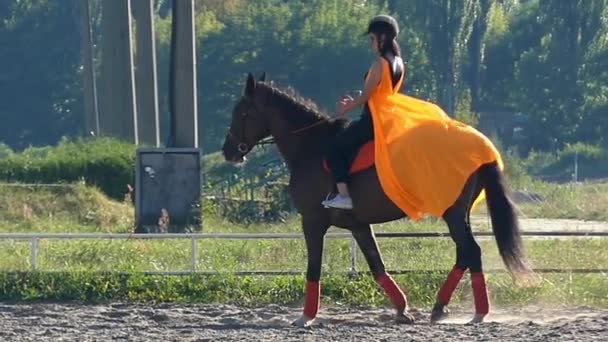 La jeune fille au chapeau orange et manteau chevauchant un cheval au ralenti . — Video