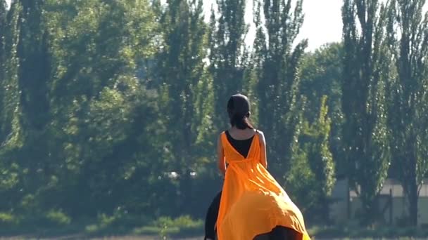 La Chica con el Sombrero Naranja y la Capa Montar un Caballo en Movimiento Lento . — Vídeo de stock