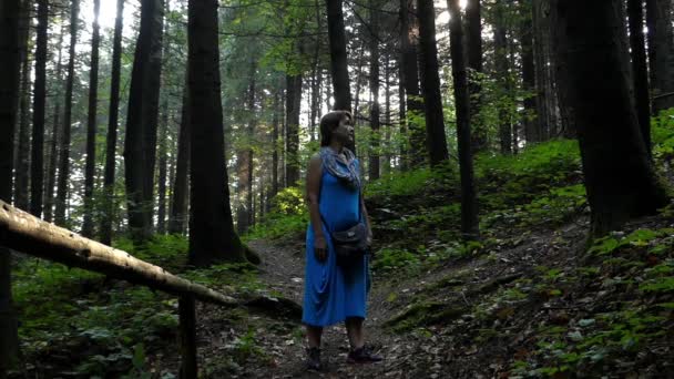 Mujer en el bosque mirando a su alrededor y caminando por el sendero . — Vídeo de stock