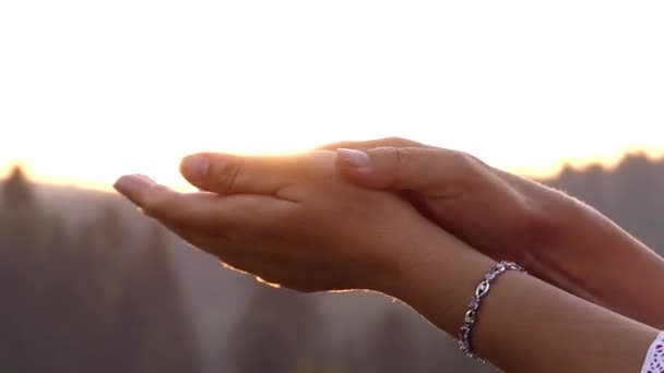 Τα χέρια της γυναίκας στις ακτίνες του ήλιου Spread την κρέμα. — Αρχείο Βίντεο