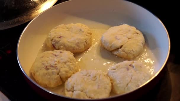 Haferpfannkuchen mit Rosinen braten. — Stockvideo