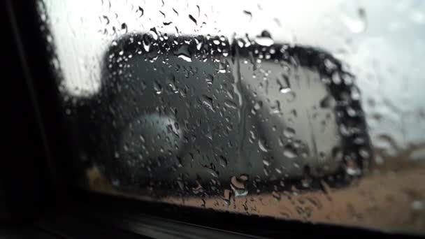 Wing Mirror Through a Door Window in a Rainy Day. the Action in Real Time. — Stock Video