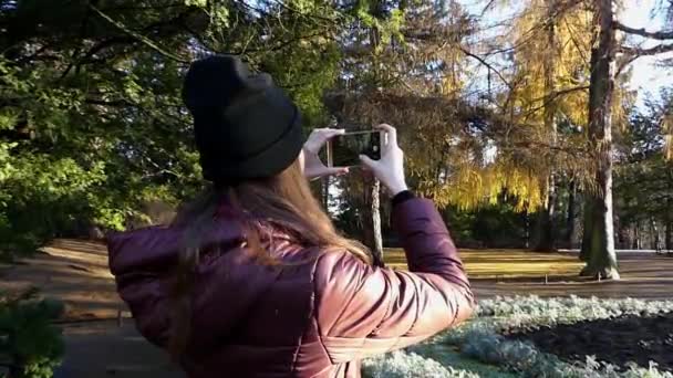 Een meisje schieten een uitzicht op het prachtige Park. — Stockvideo