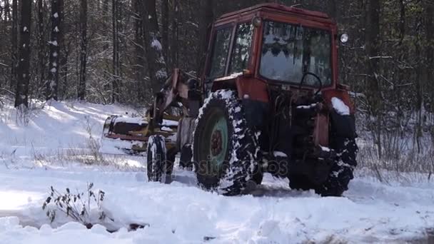 Snö borttagning traktor sladda i vinter skog. — Stockvideo