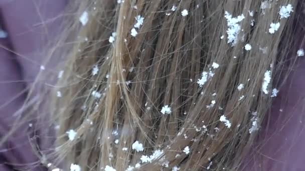 Tempo nevado e flocos de neve no cabelo da menina . — Vídeo de Stock