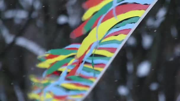 Drapeaux de sport colorés en hiver orageux . — Video