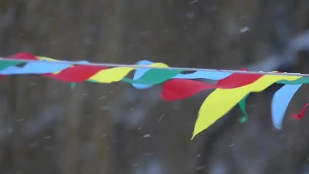 Αθλητικές σημαίες στο χιονισμένο δάσος κρέμεται σε μια σειρά. Αργή κίνηση. — Αρχείο Βίντεο
