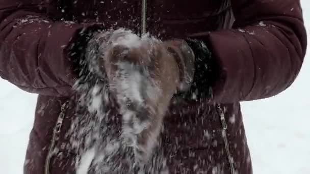 Una ragazza battendo le mani con la neve in Slo-Mo — Video Stock