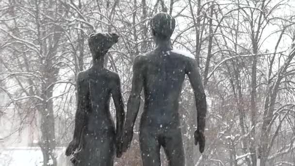 Monumento a una Pareja Joven en Snowy Park . — Vídeo de stock