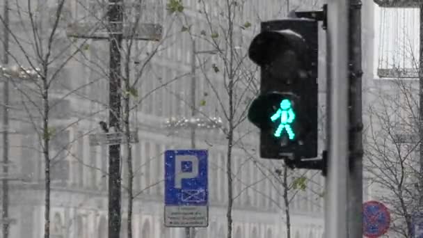 Eine Retro-Ampel mit einem grünen Fußgänger. — Stockvideo
